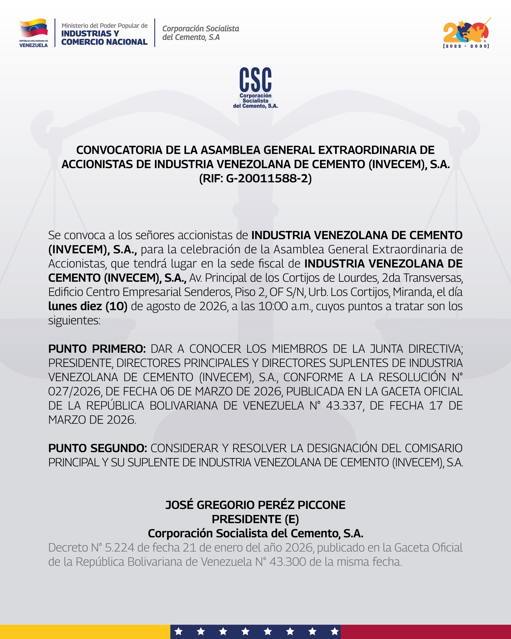 Convocatoria Asamblea Extraordinaria INVECEM 2026